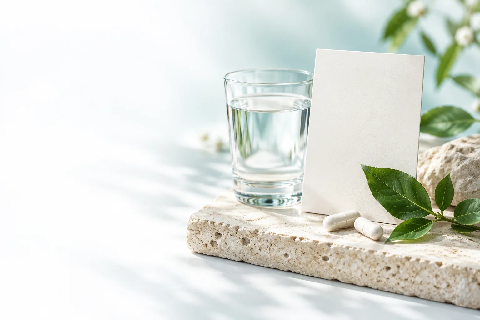 Glass of water, payment card and fresh leaves on a stone pedestal