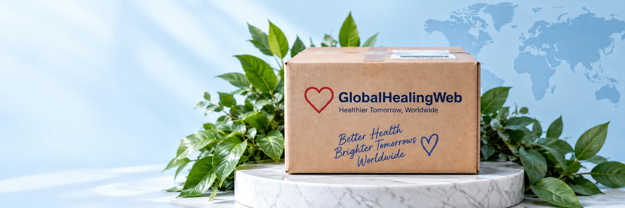 GlobalWell shipping box on a marble pedestal surrounded by green leaves